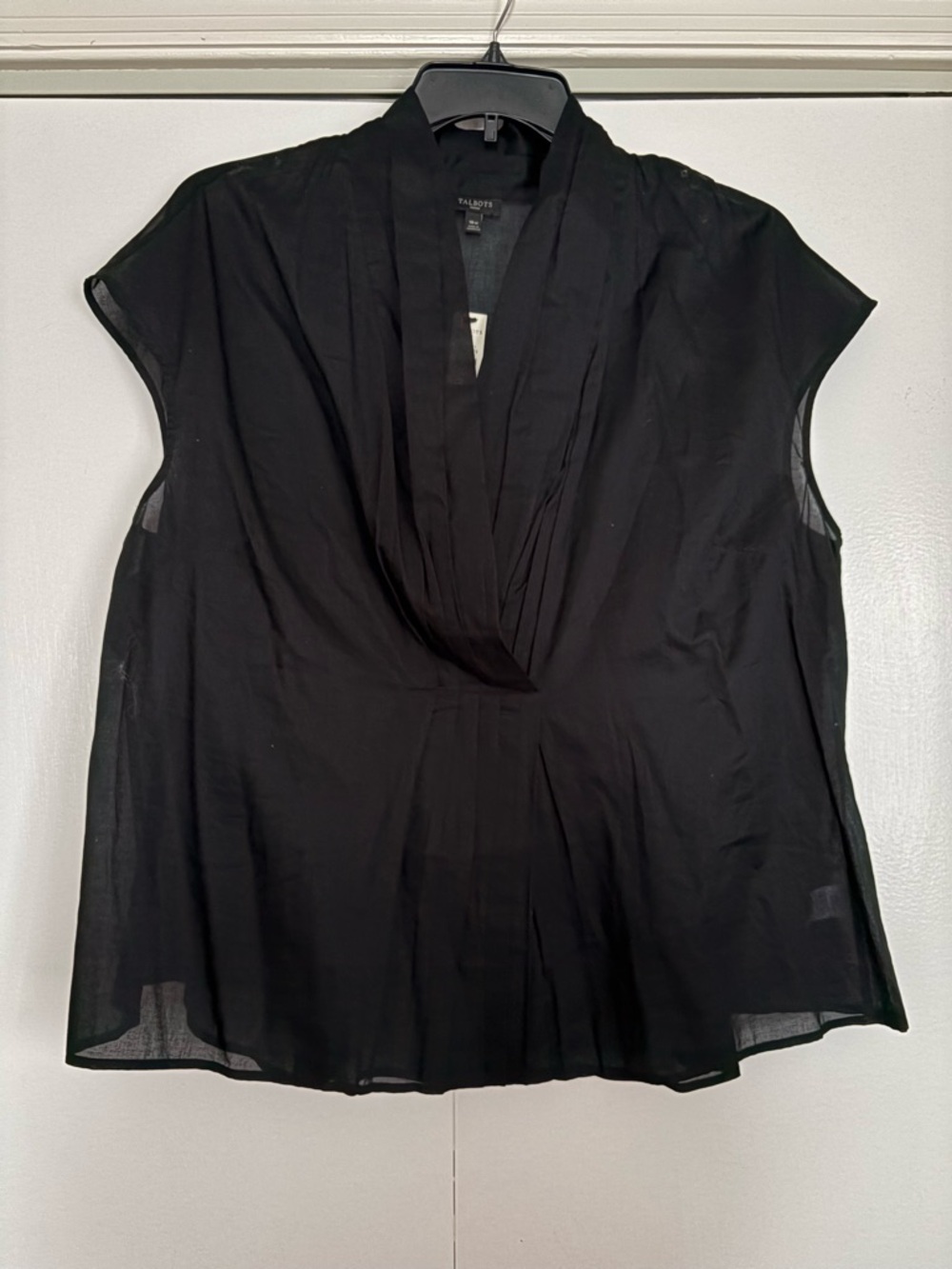 Talbots Black Sheer Cap-Sleeve Draped V-Neck Blouse